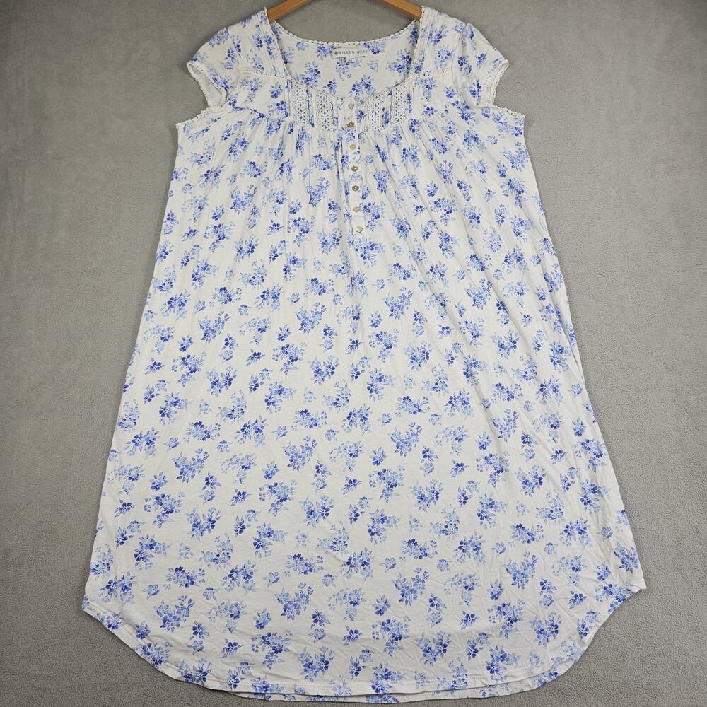 Eileen West Floral Nightgown Women M White Blue Cottagecore Cotton Blend Prairie
